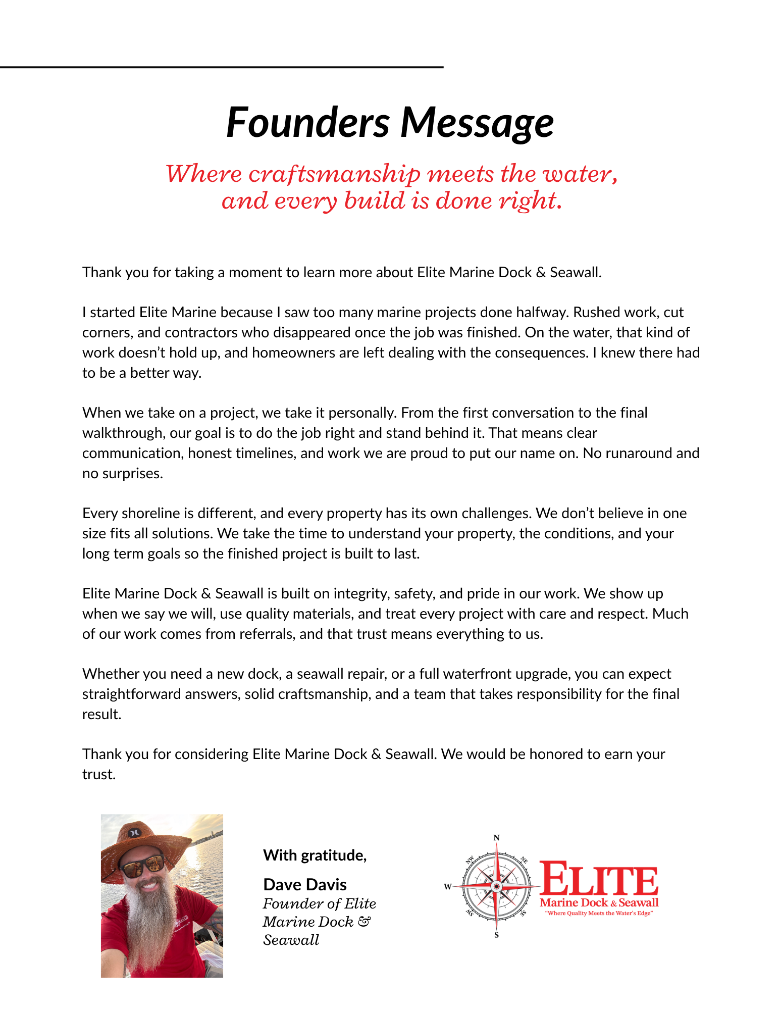 A document featuring a founder's message from Elite Marine Dock & Seawall, discussing craftsmanship and waterwork projects, with a photograph of a man wearing sunglasses and a wide-brimmed hat, smiling at the water.