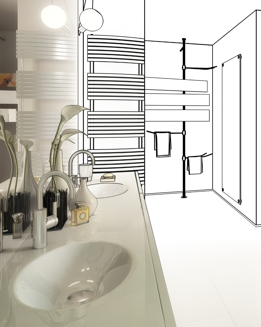 Half of a bathroom with a sink and countertop, decorated with vases and small objects, with a large mirror on the wall. The other half is an outlined drawing of a shower area with towel racks and a shower head.