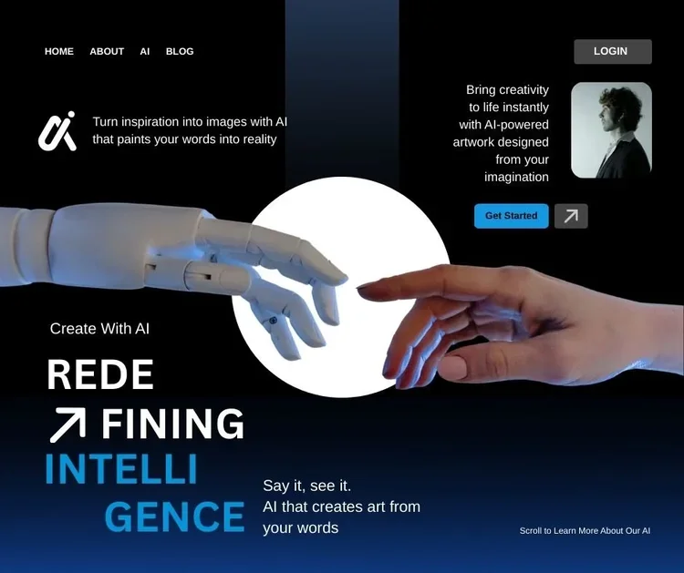 A digital illustration showing a robot hand and a human hand reaching toward each other against a dark background with white text promoting AI art creation and technology.