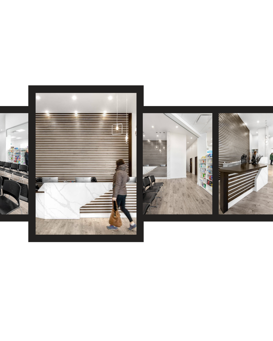 Modern healthcare reception area with wooden slat wall, marble desk, and seating.