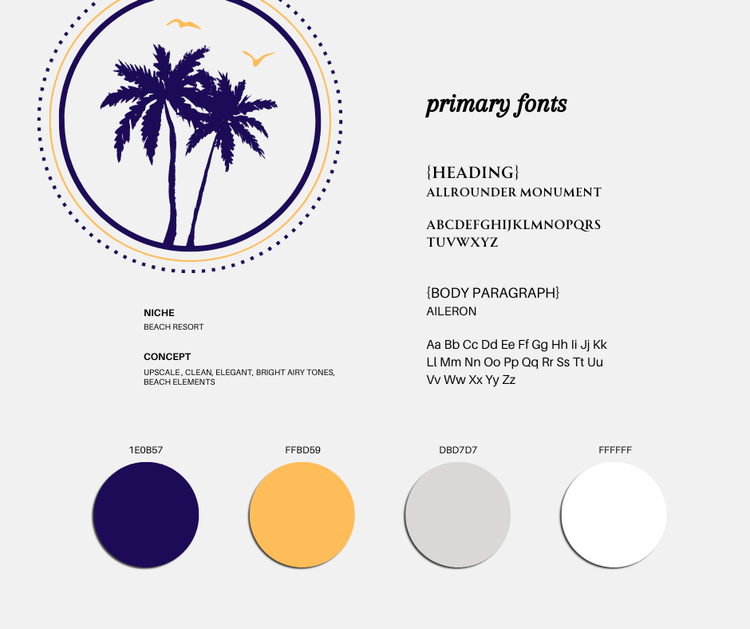 Design template featuring a palm tree illustration, text about primary fonts, a color palette with four circles in navy, peach, light gray, and white, and sample text for headings and body paragraphs with specific fonts and descriptions.