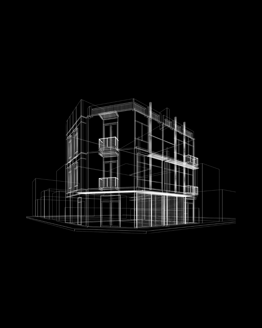 Futuristic wireframe model of a multi-story building against a black background.