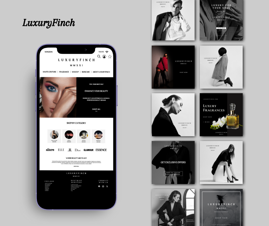 A smartphone displaying a luxury fashion and beauty website called LuxuryFinch, surrounded by various monochrome and color promotional images of models, perfume, and fashion items.