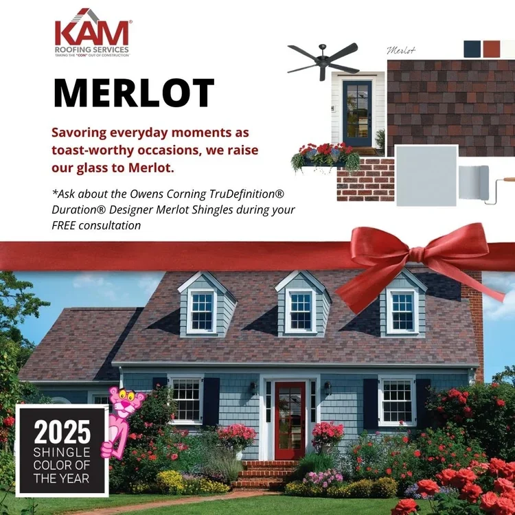 Brochure for KAM Roofing Services featuring Merlot roof shingles, house with Merlot shingles, window, door, garden, and a red ribbon.