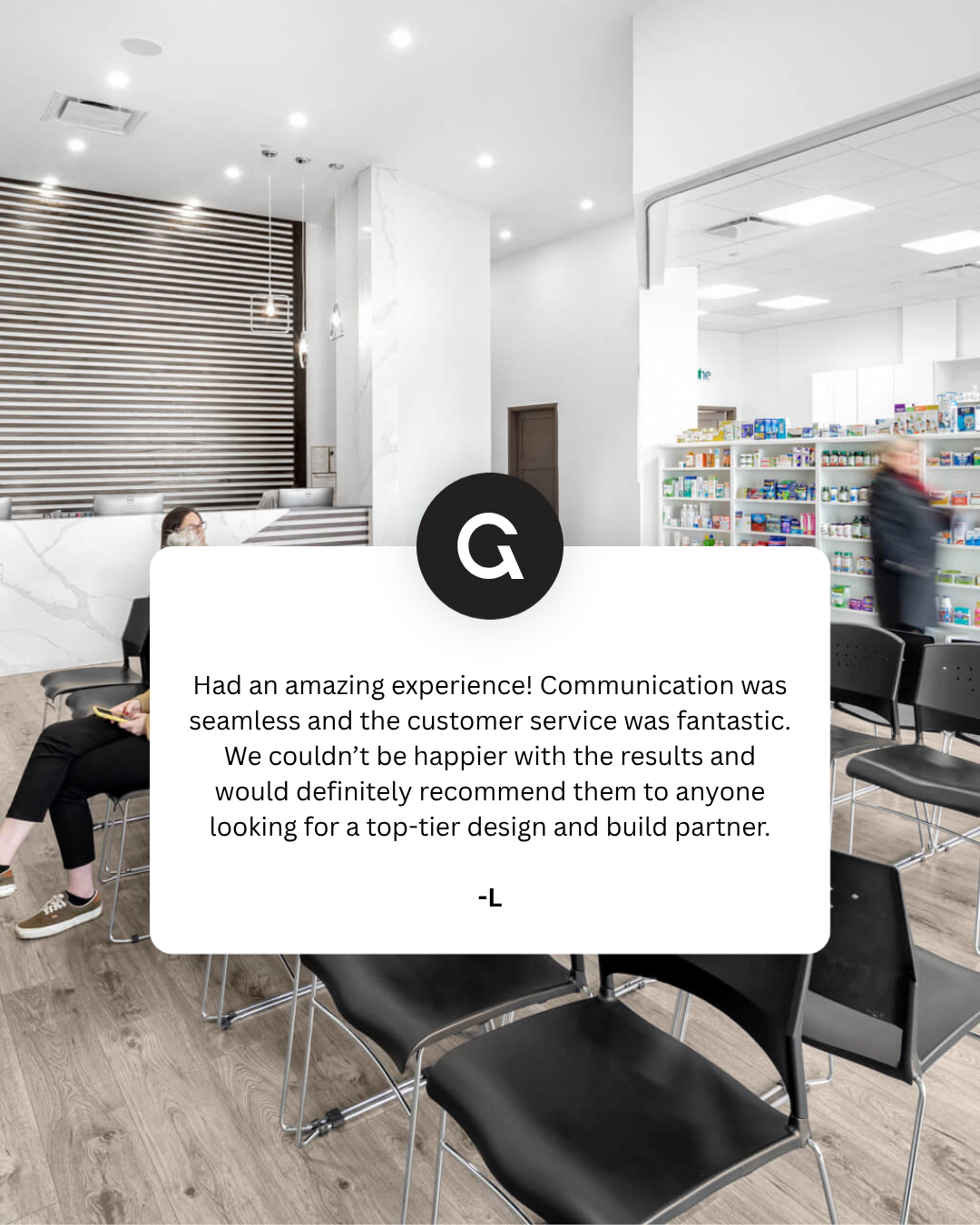 Modern pharmacy waiting area with chairs, shelves stocked with medicines, and reception desk in the background.