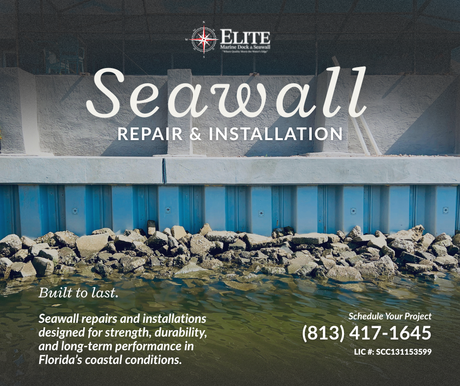 Close-up of seawall with rocky shoreline in foreground and building in background, advertising seawall repair and installation services by Elite Marine Dock & Seawall.
