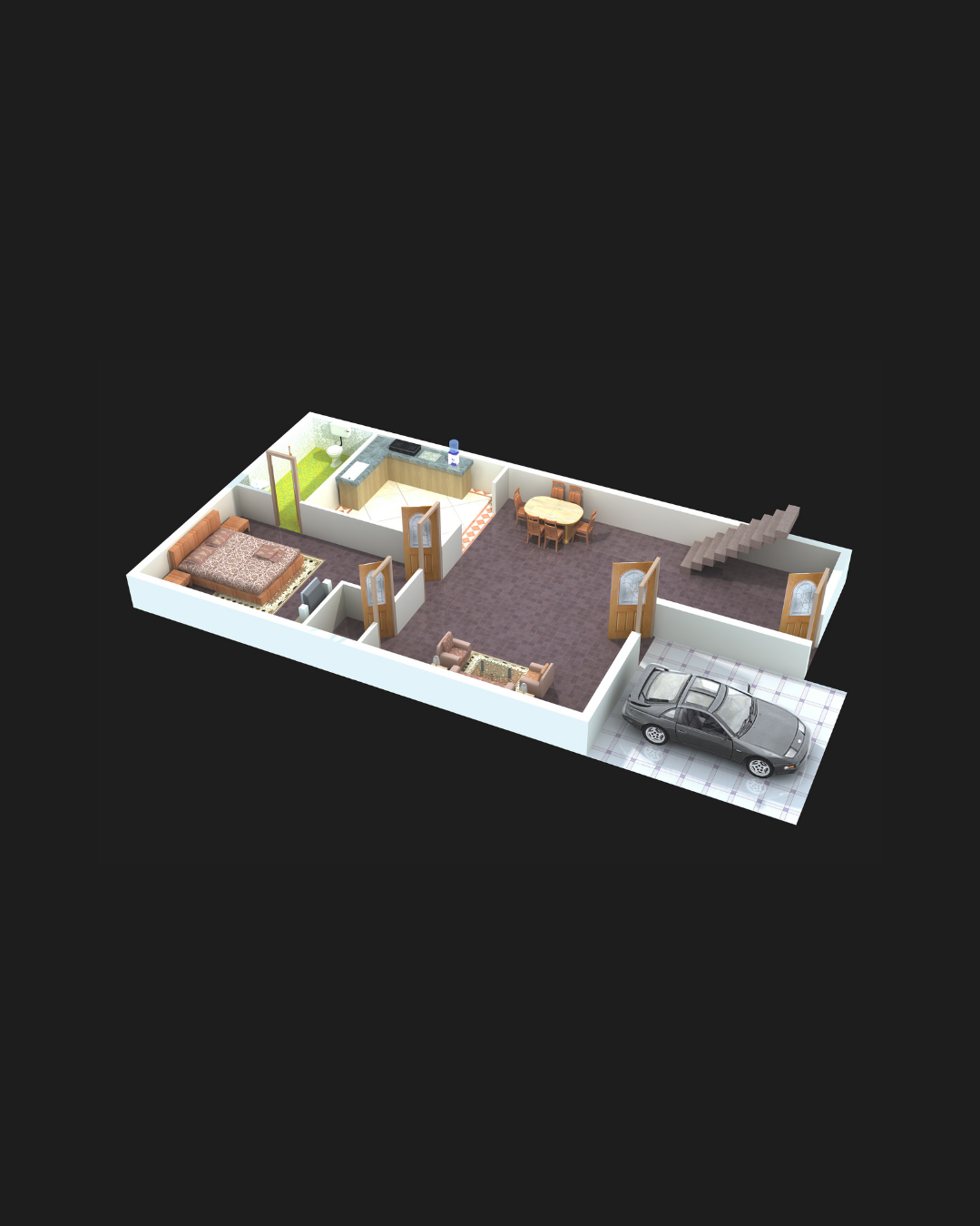 3D floor plan of a house with a garage, living room, bedroom, kitchen, dining area, stairs, and bathroom.