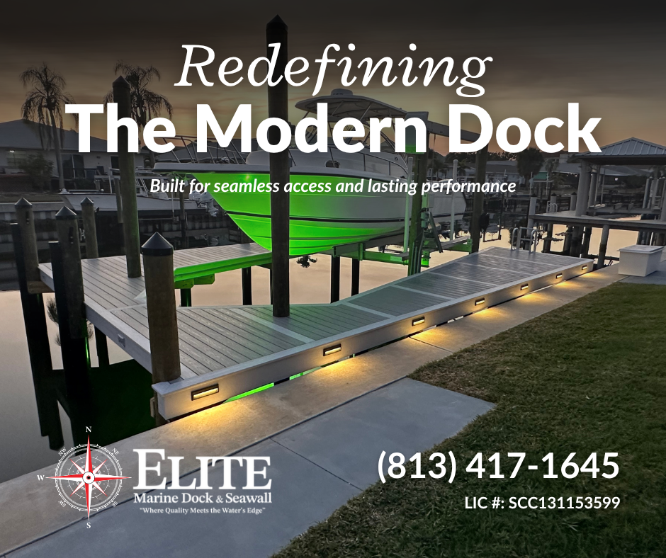 A modern waterfront dock with a boat lifted above the water, featuring sleek, seamless access with integrated lighting, and a logo for Elite Marine Dock & Seawall.