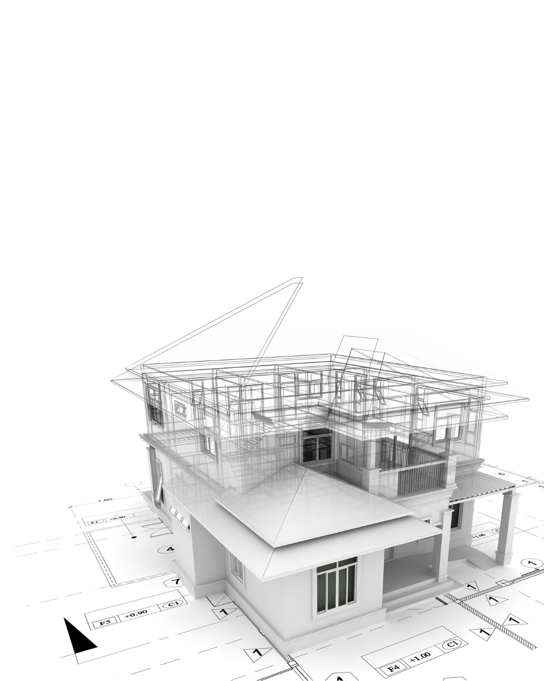 3D architectural blueprint of a house showing both the exterior and interior structure details.