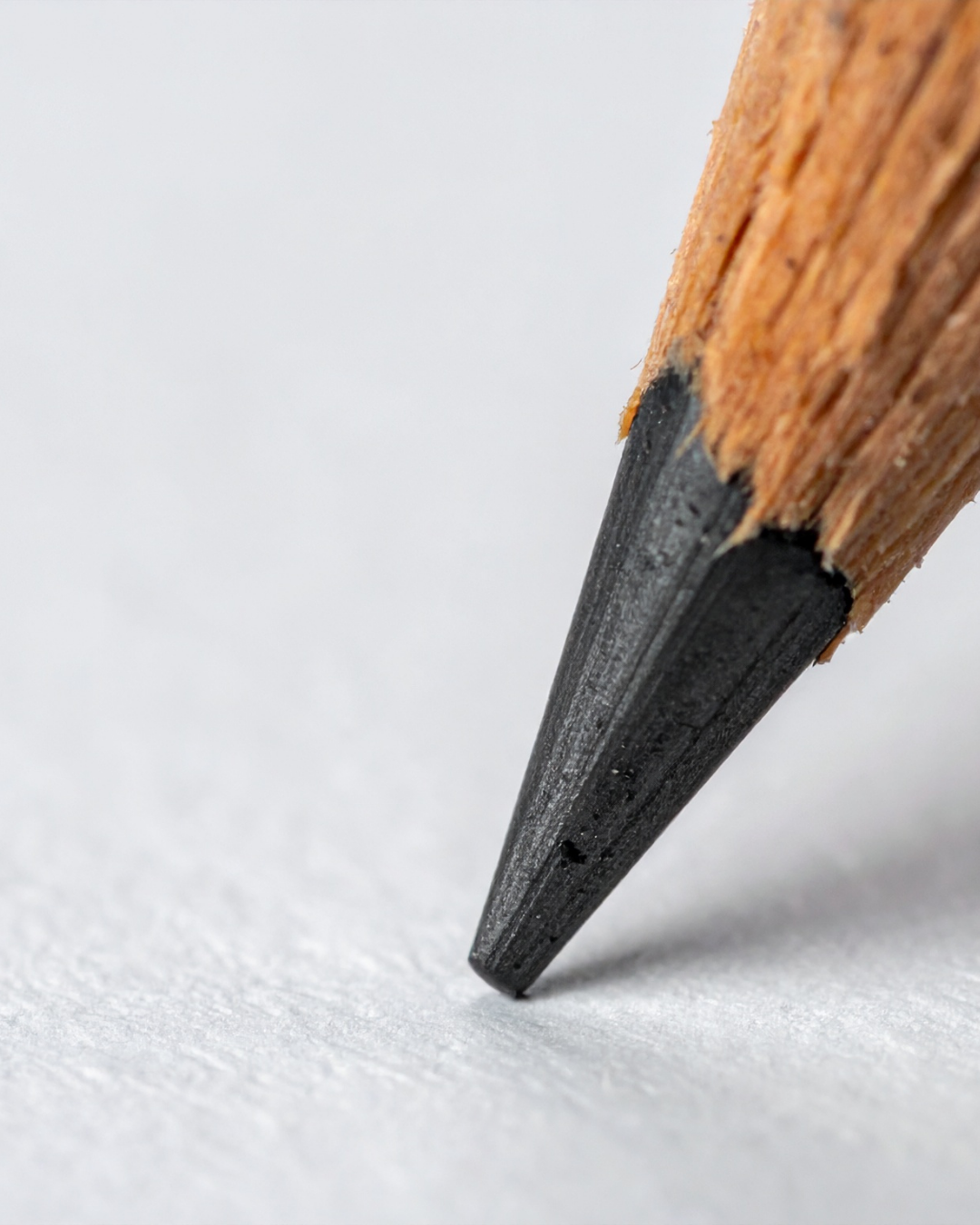 Close-up of a sharpened pencil tip on a white surface.