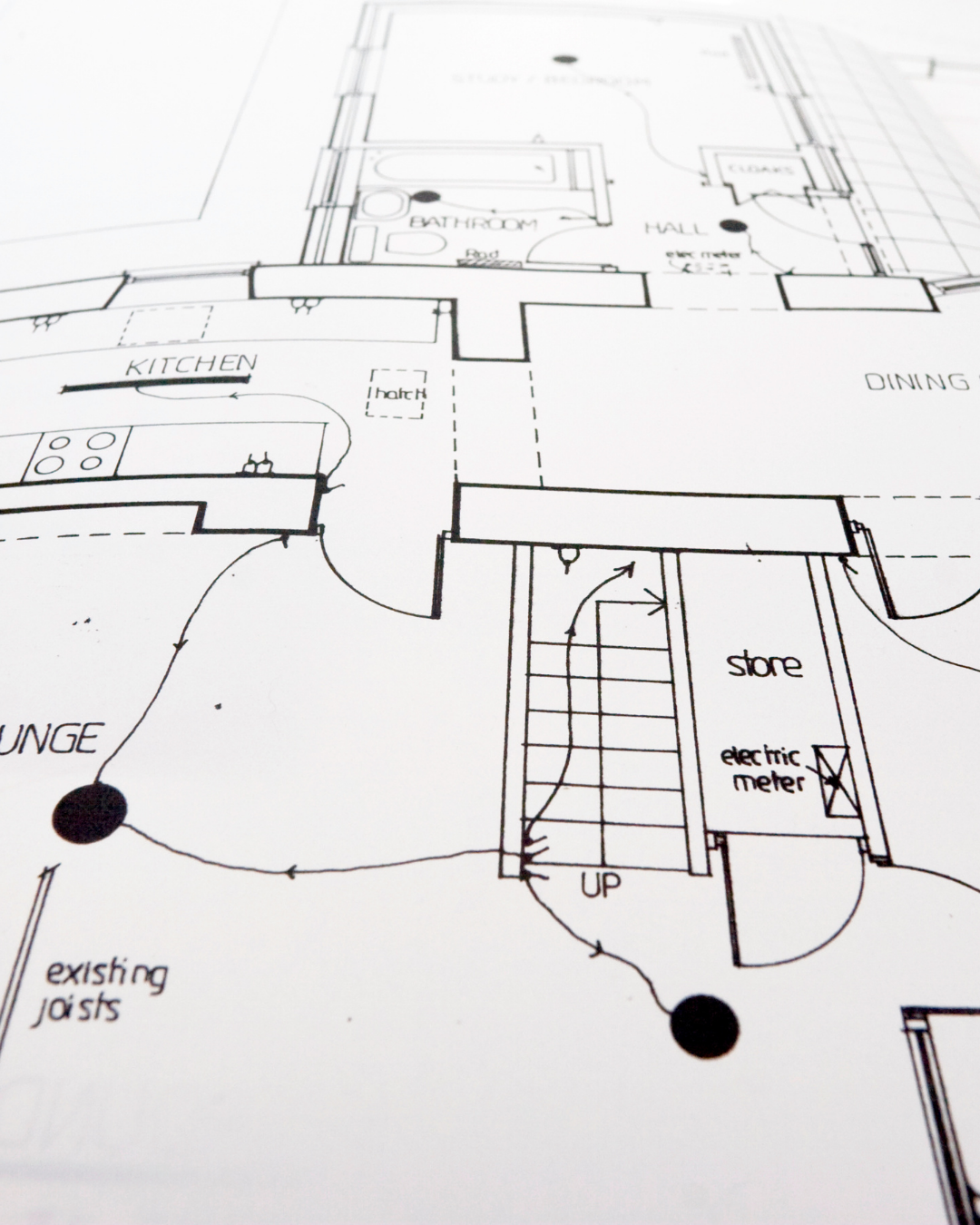 Architectural floor plan with labeled rooms including kitchen, dining, bathroom, hall, store, and lounge.