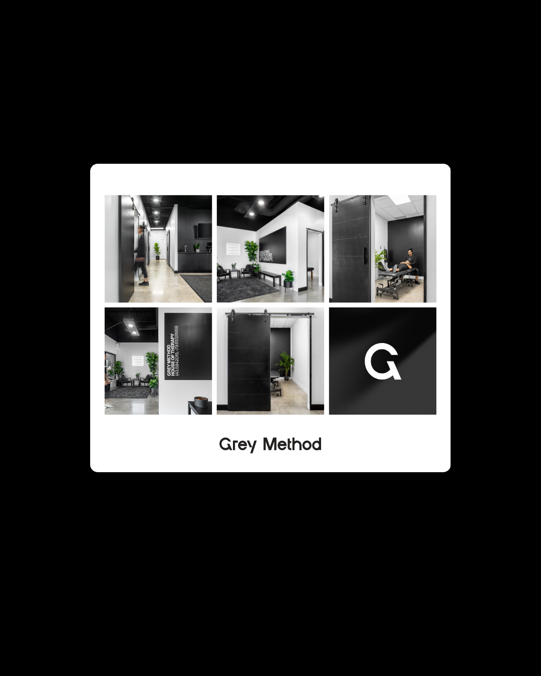 Collage of six black-and-white images showcasing different areas of a modern, minimalist medical or therapy clinic with white walls, black accents, and green plants. Centered below is the text 'Grey Method'.