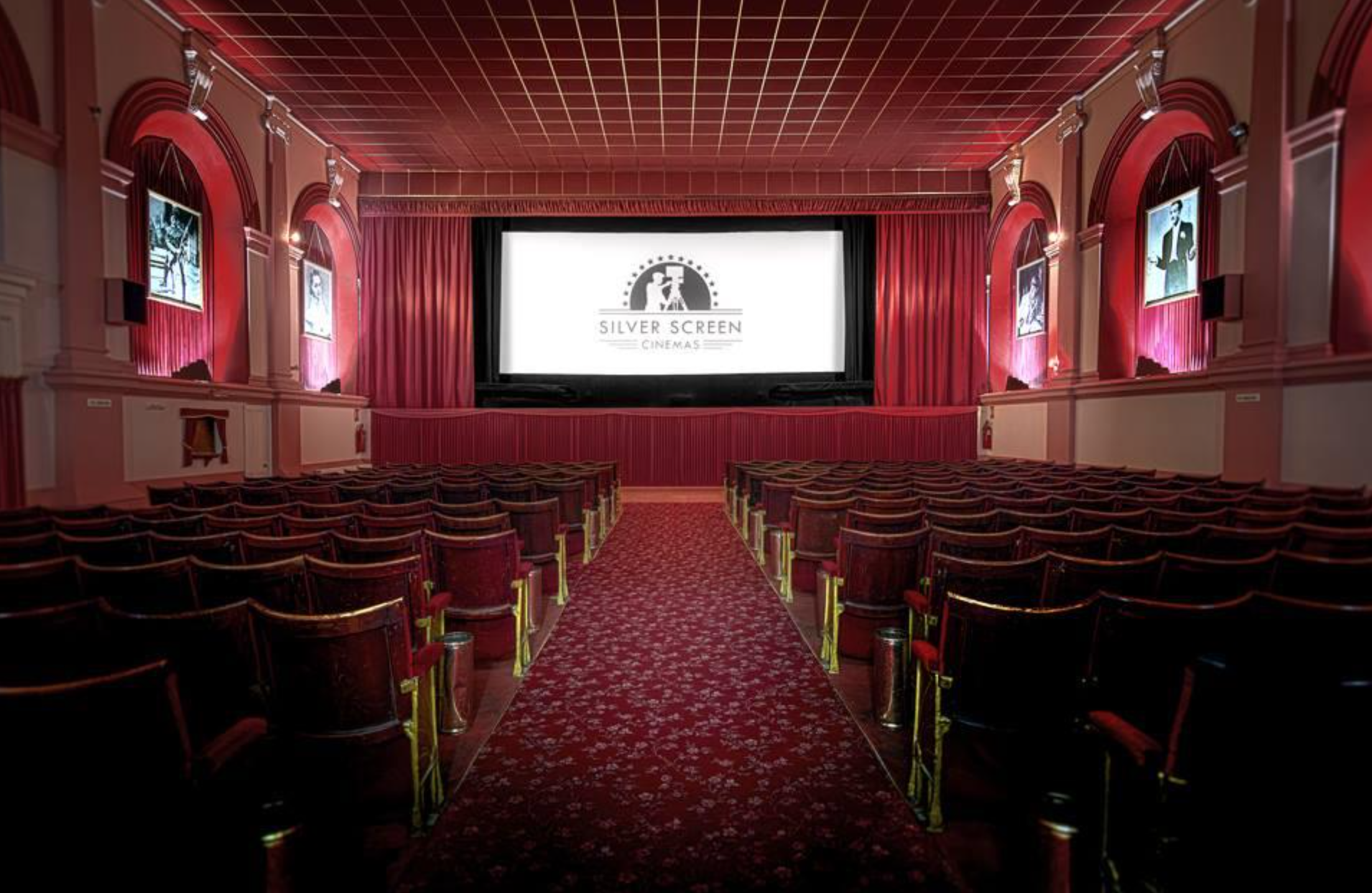 A large empty cinema with red velvet