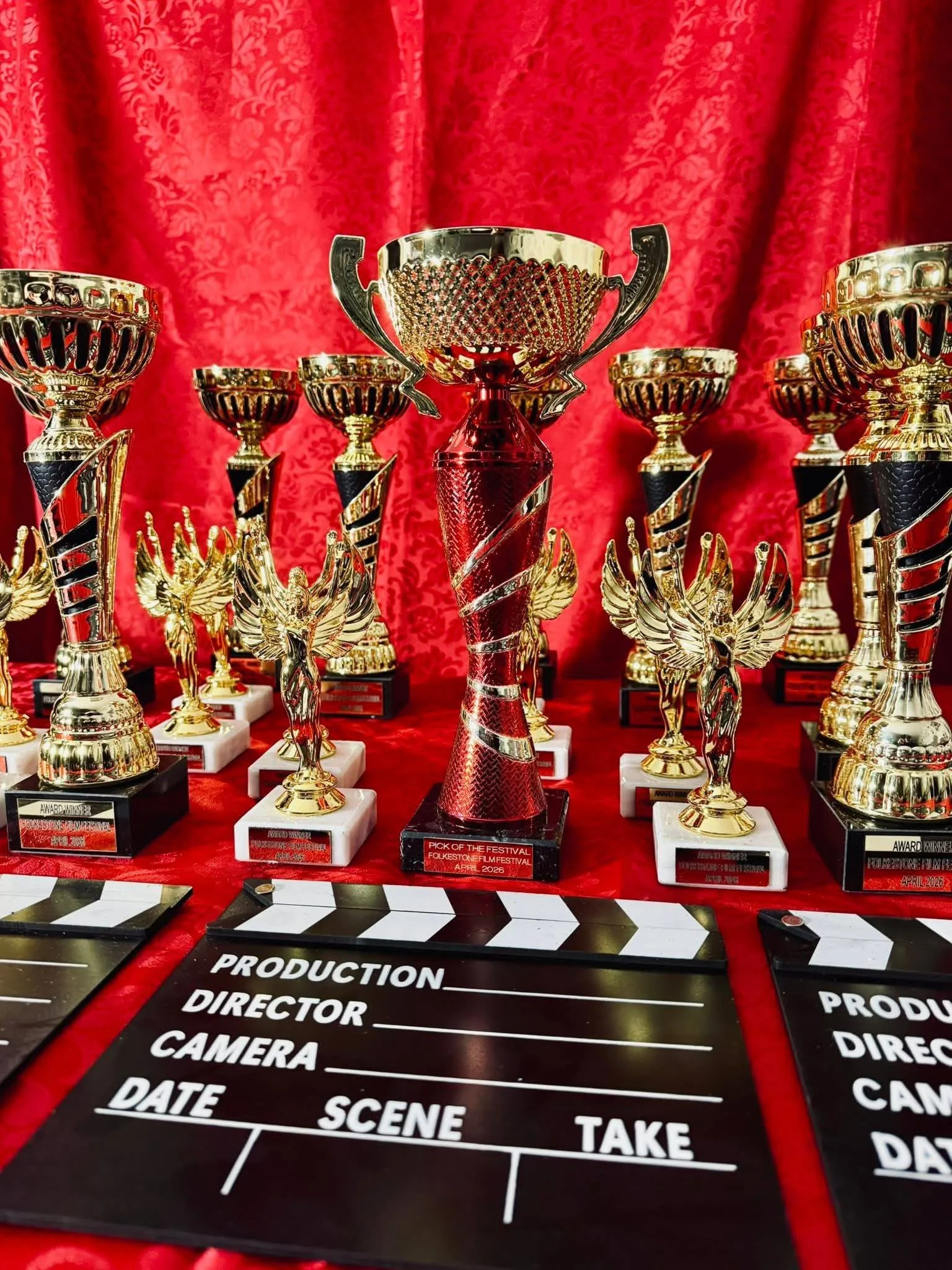 Trophies on a red background