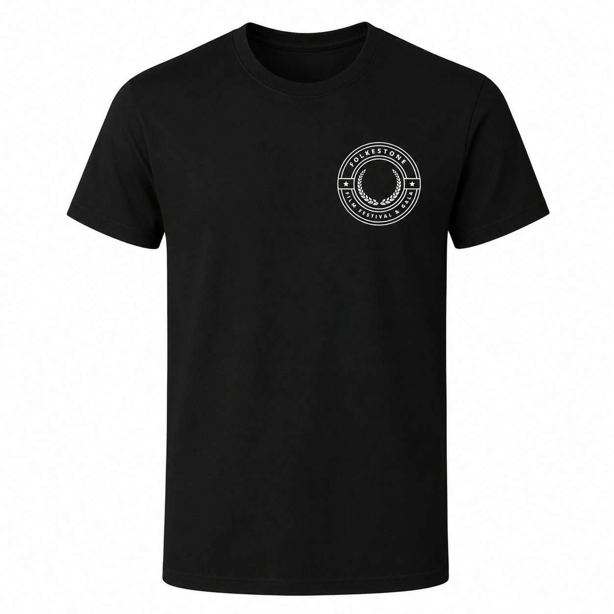 a black t-shirt with the Folkestone Film Festival logo on the left breast