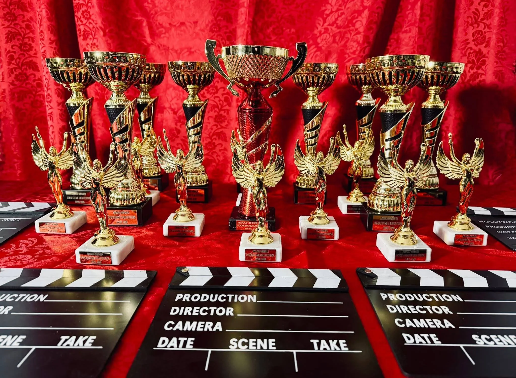 Trophies on a red background