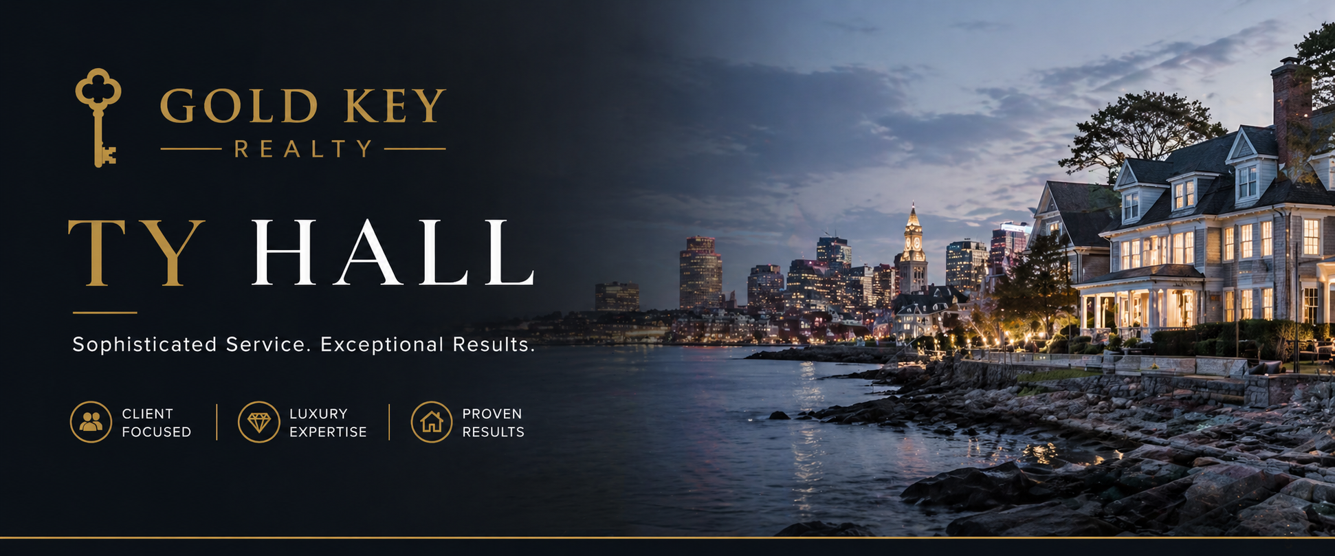Advertisement for Ty Hall and Gold Key Realty featuring a city skyline at dusk, with illuminated waterfront houses in the foreground, and the text highlighting their services and qualities.