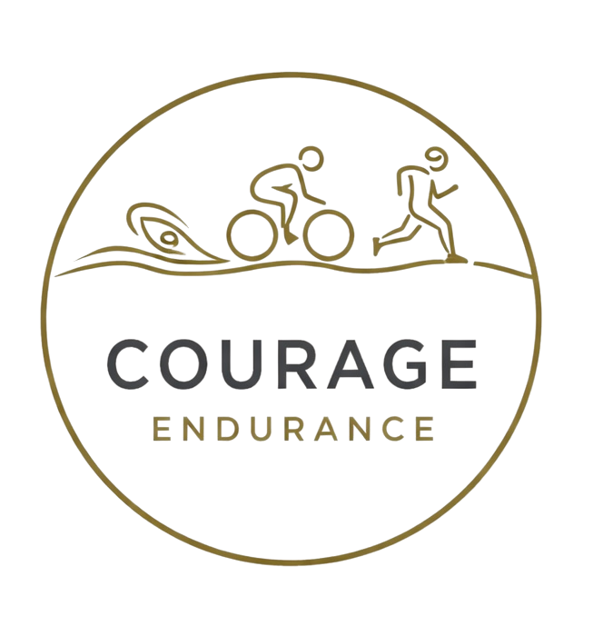 A logo with the words "COURAGE ENDURANCE" underneath a graphic of a cyclist and a runner, inside a circular border.