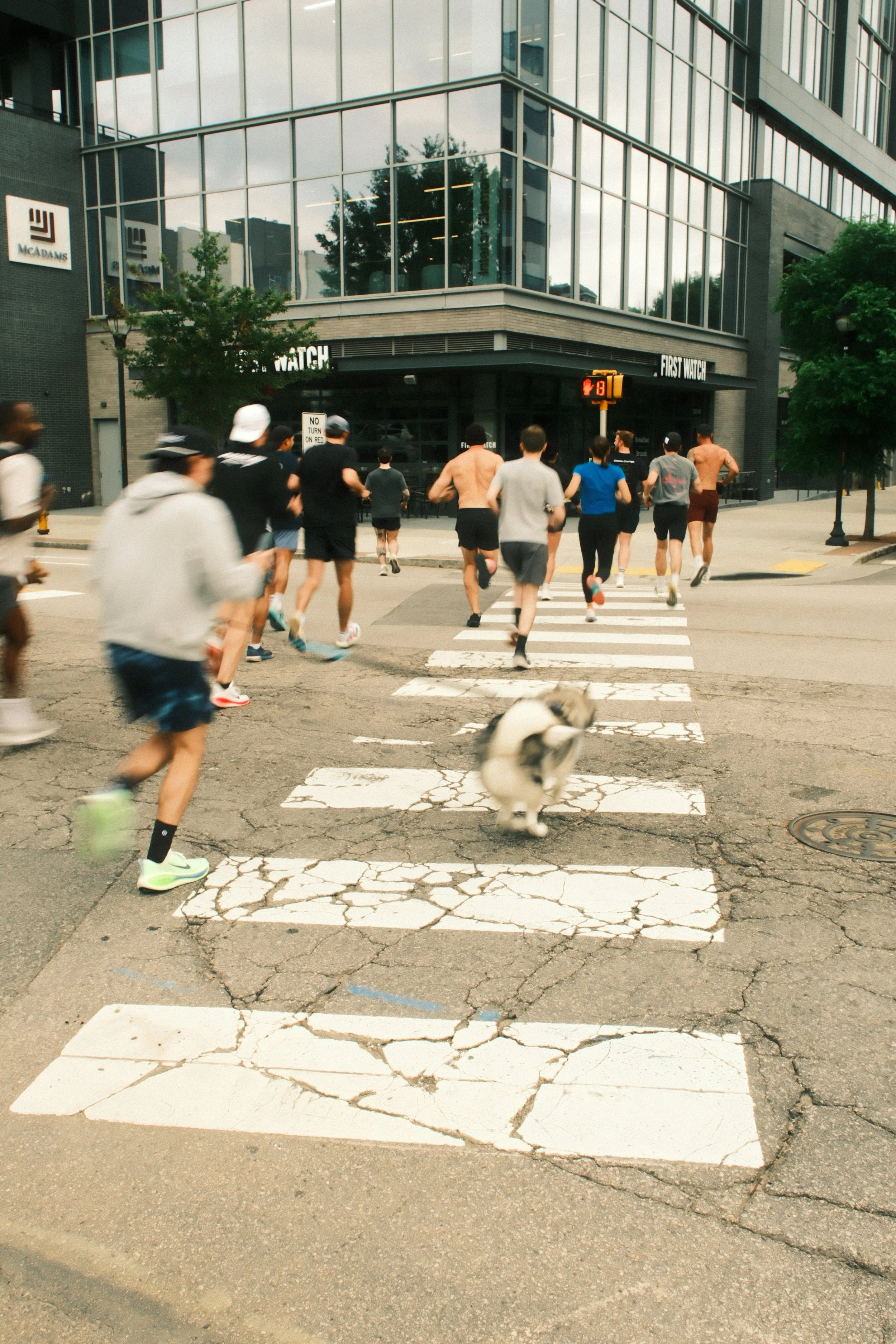 People running across a city street at a crosswalk in front of a glass-fronted building.