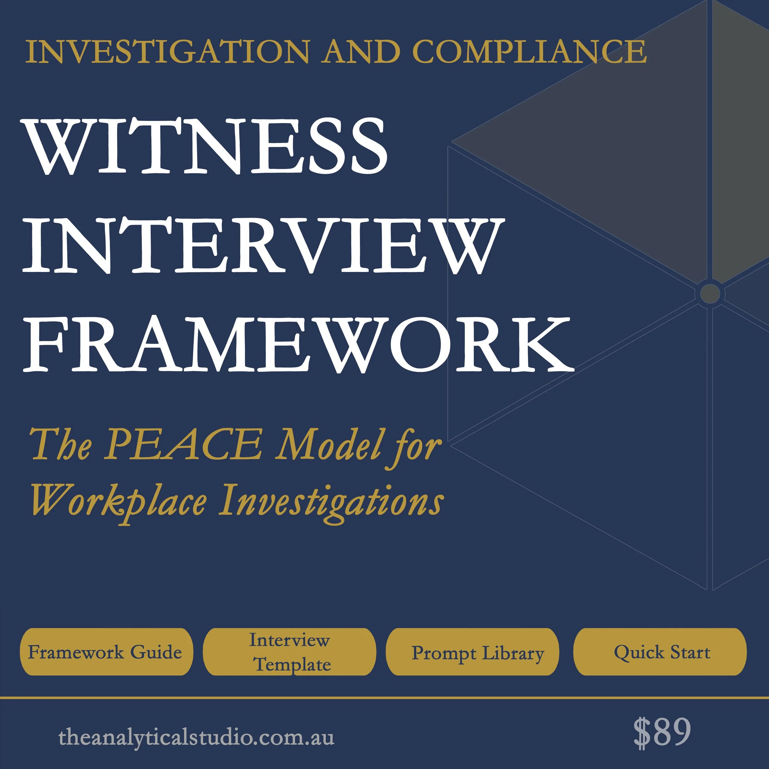 A digital screenshot of a website homepage for a program called 'Investigation and Compliance Witness Framework.' The page features a dark blue background with gold and white text. The title is prominently displayed at the top with a geometric shape next to it. Below the title are four colored buttons labeled 'Framework Guide,' 'Interview Template,' 'Prompt Library,' and 'Quick Start.' The website URL 'theanalyticalstudio.com.au' is shown at the bottom, along with a price of $89.