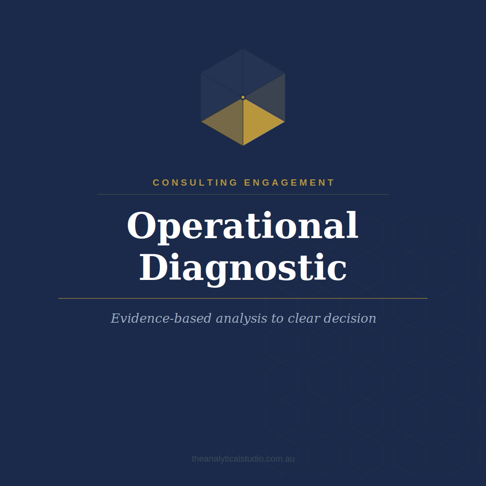 Cover of a consulting booklet titled 'Operational Diagnostic' with a dark blue background and a gold and blue geometric logo at the top.