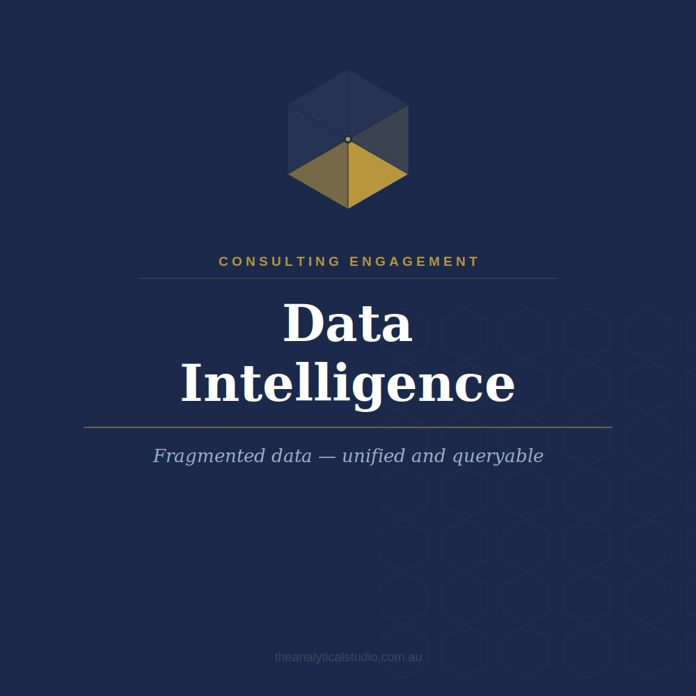 Cover of a consulting engagement report titled 'Data Intelligence' with a dark blue background, a hexagonal logo at the top, and the subtitle 'Fragmented data — unified and queryable'.