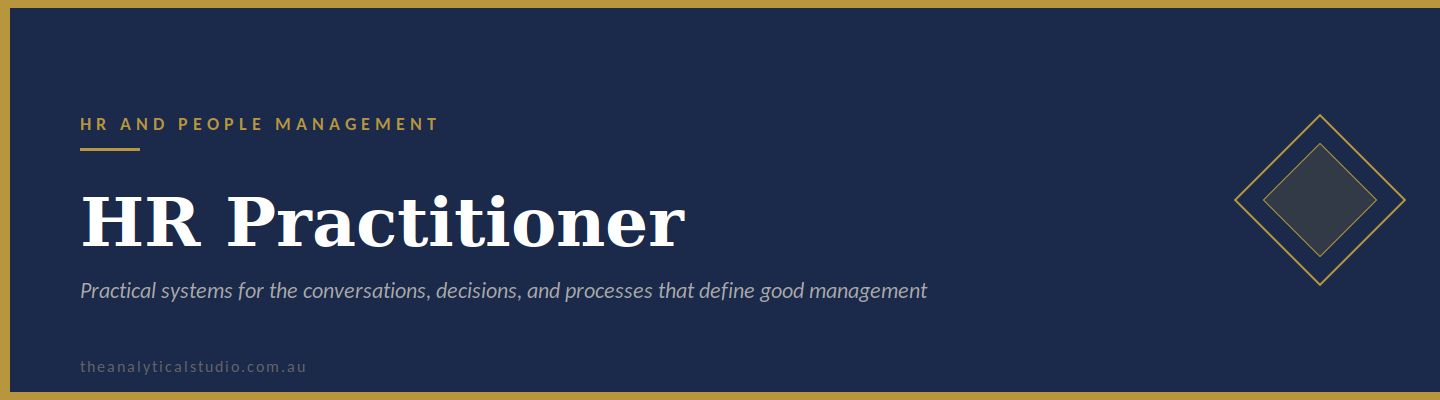 A navy blue banner with gold diagonal lines and geometric shapes, containing white and gold text about HR and people management, mentioning HR Practitioner and practical systems for management.