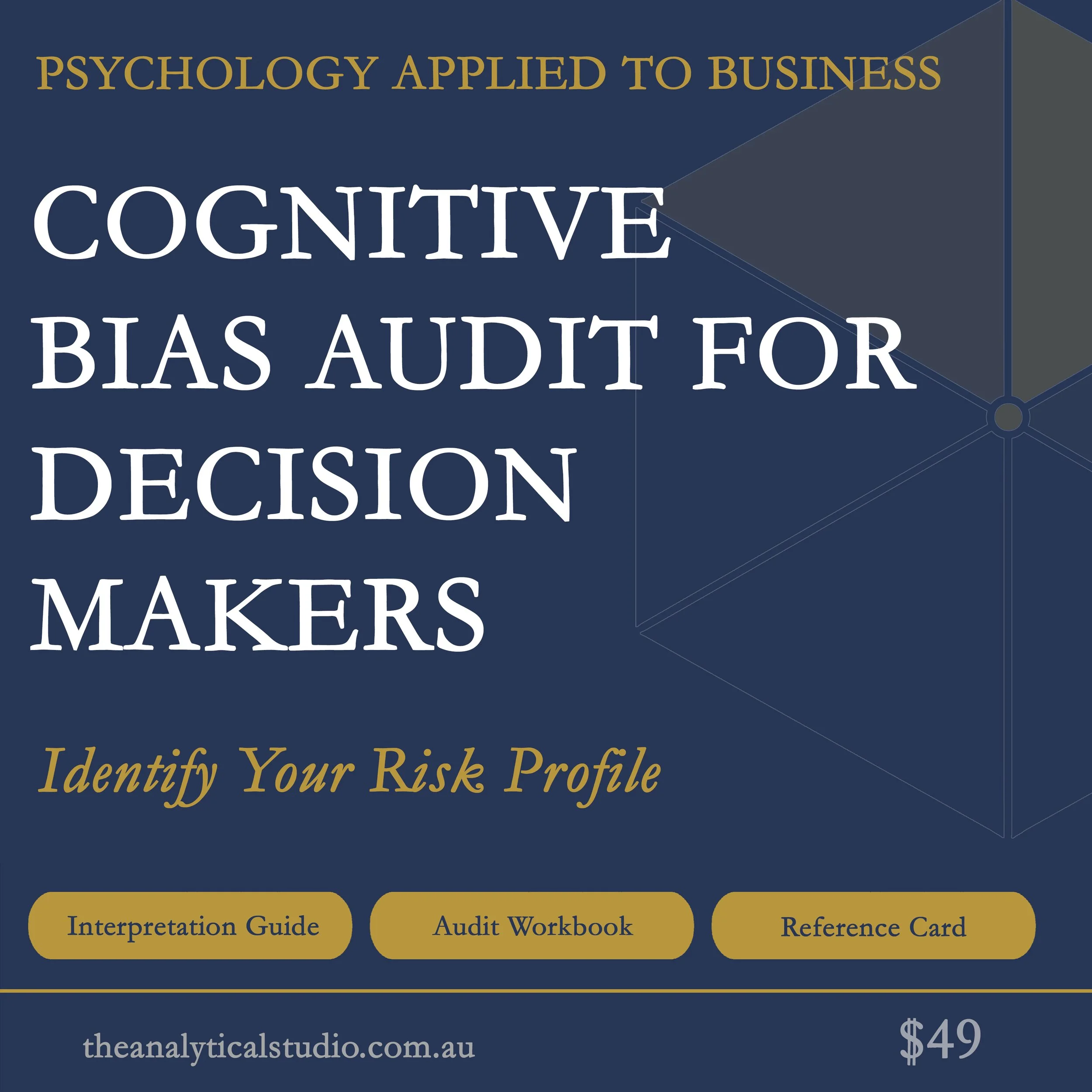 Cover page of a book titled 'Psychology Applied to Business' with a subtitle 'Identify Your Risk Profile' and an offer for additional resources. Includes options for Interpretation Guide, Audit Workbook, and Reference Card at the price of $49. Website URL at the bottom.