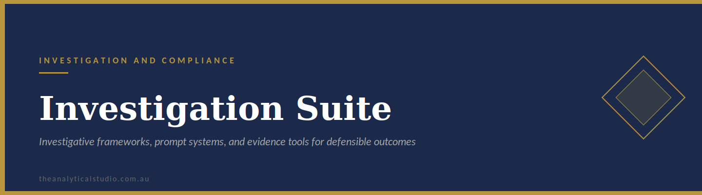 Dark blue banner with gold accents, featuring the title 'Investigation Suite' and subtitle about investigative tools, with a geometric logo on the right.