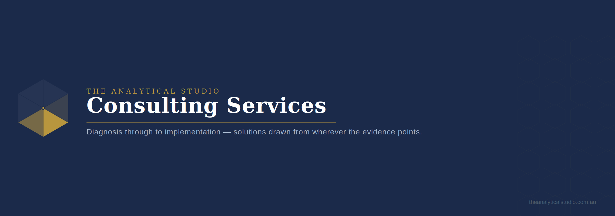 Graphic for The Analytical Studio Consulting Services with a hexagon logo and a dark blue background.