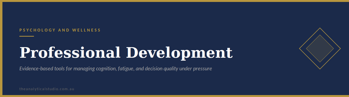 Slide with navy background and gold accents, titled 'Professional Development' with subtitle about managing cognition, fatigue, and decision quality, and a website link at the bottom.