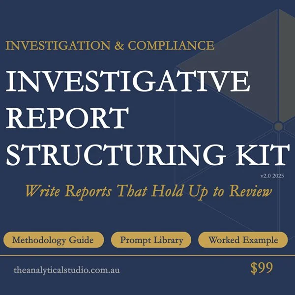 Cover of an investigative report structuring kit titled 'Investigation & Compliance. Write Reports That Hold Up to Review.' Includes buttons for Methodology Guide, Prompt Library, and Worked Example. Price is $99.