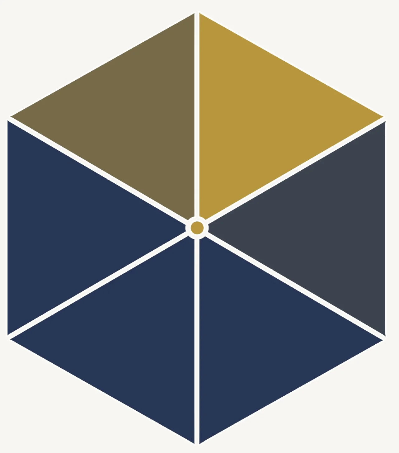 A 3D cube with each face in different shades of blue, gray, and gold, with a small circle at the center connecting the faces.