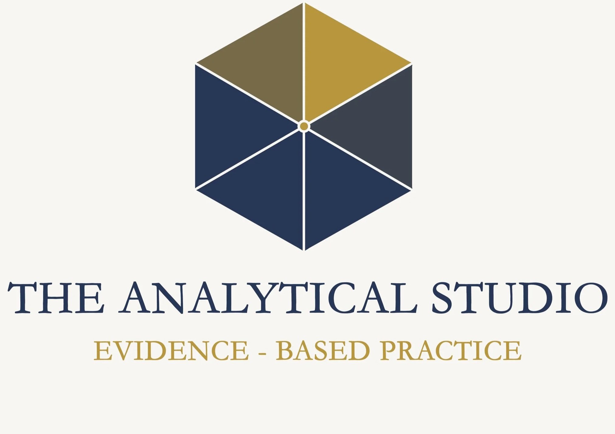 Logo of The Analytical Studio, featuring a geometric cube with gold and navy blue colors, and text that reads 'The Analytical Studio, Evidence-Based Practice'.