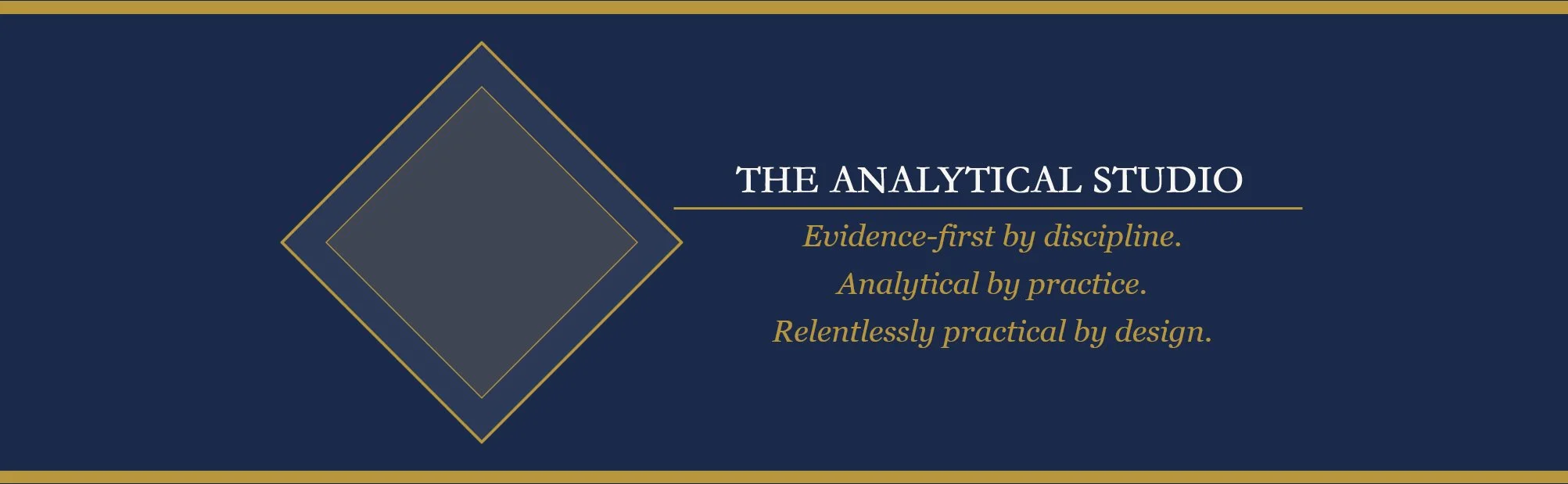 A dark navy blue background with a centered text box featuring the title "THE ANALYTICAL STUDIO" in white and a tagline in gold. The left side displays a geometric design with overlapping gold-bordered diamonds.