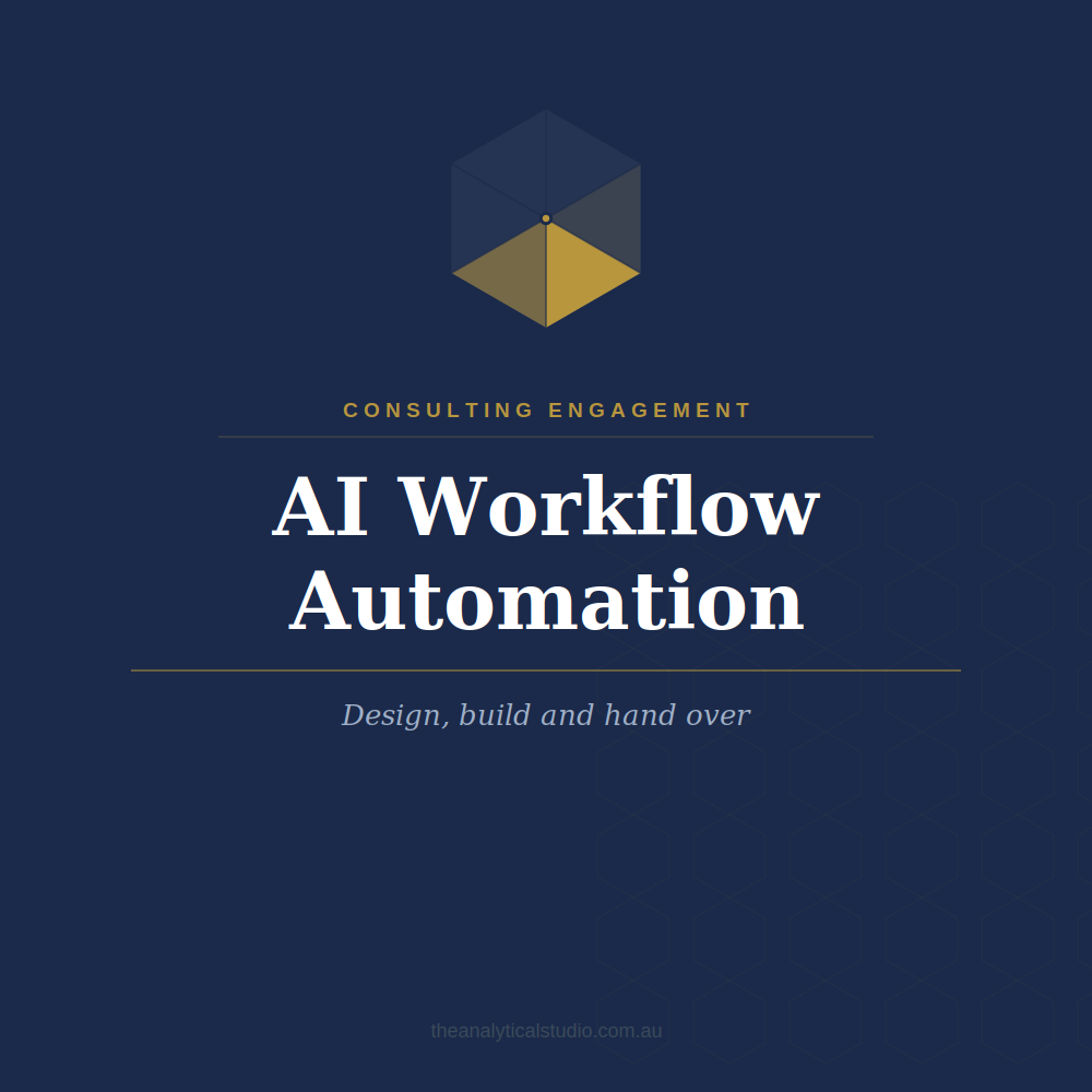 Cover slide for a consulting engagement presentation titled 'AI Workflow Automation,' featuring a dark blue background, a geometric logo at the top, and the text 'Design, build and hand over' below the main title.