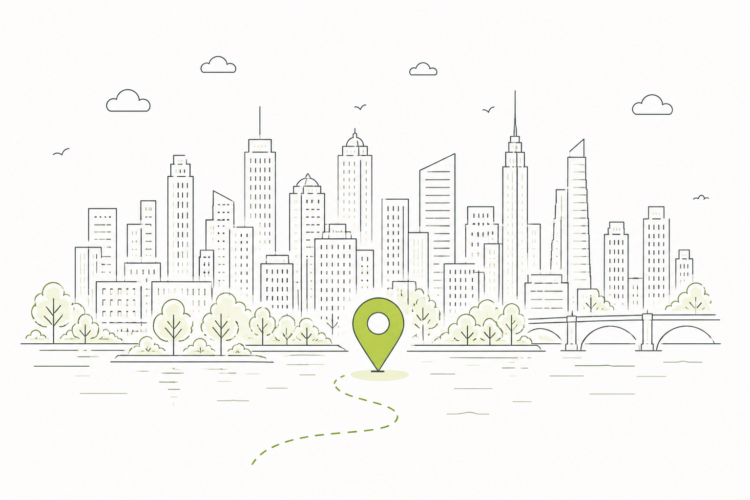 A line drawing of a city skyline with tall buildings, trees along the riverbank, and a bridge, with a large green map marker in front of it.