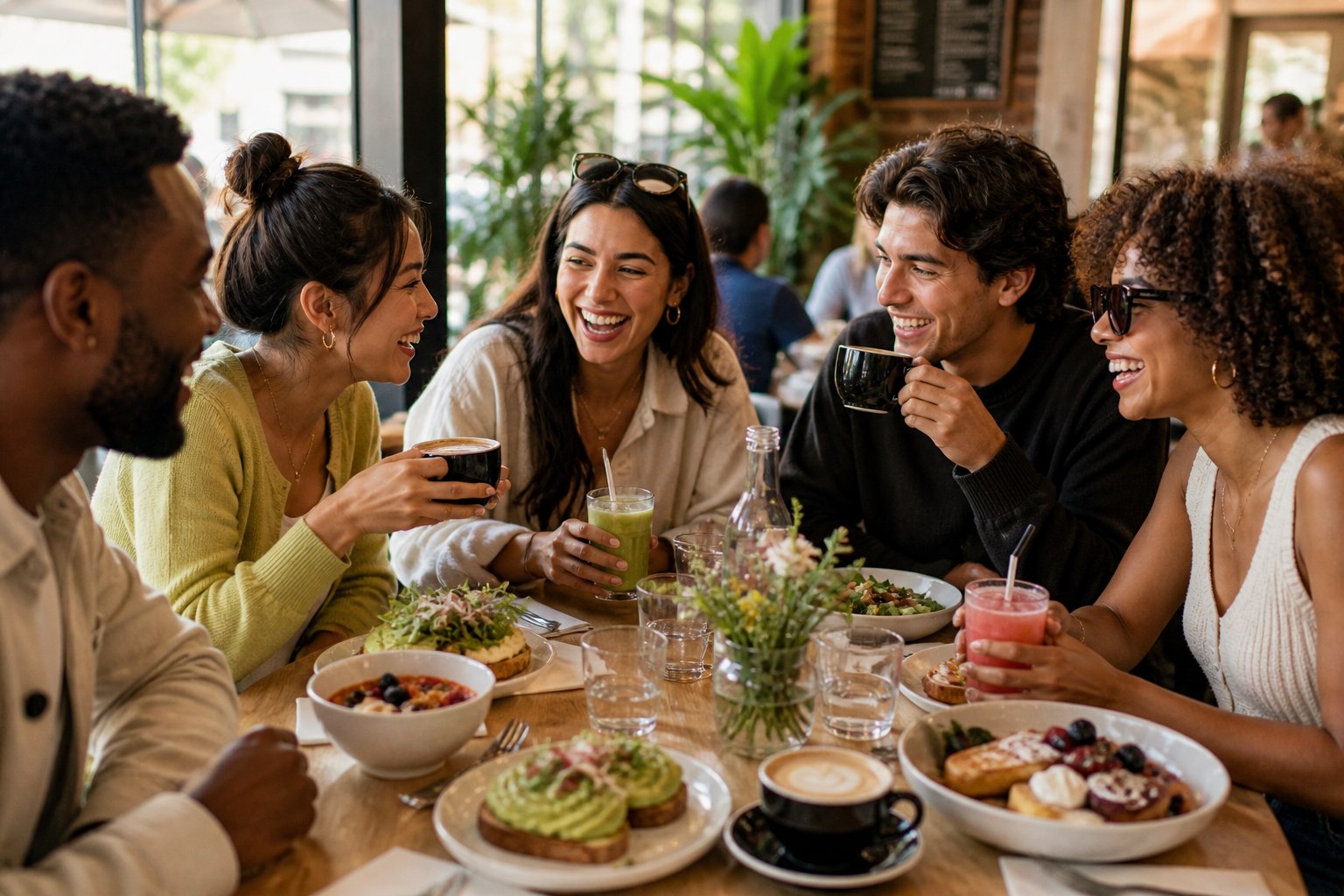 A group of six diverse friends enjoying coffee and breakfast together at a restaurant, smiling and laughing around a table with colorful dishes and drinks.
