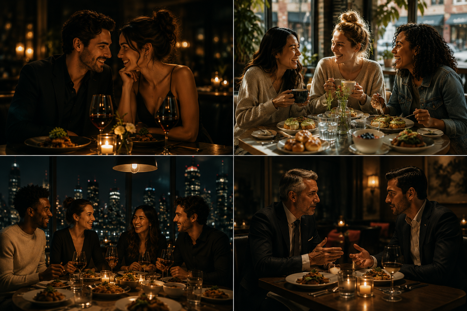 Four groups of people enjoying dinner indoors and at night, smiling and chatting with candles on the tables and city skyline in the background.