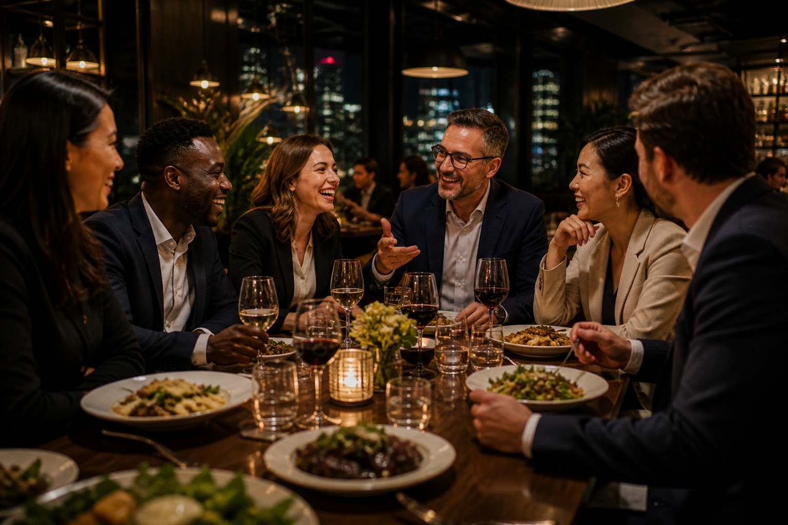 Group of people in formal attire laughing and talking at a dinner party in a restaurant with city lights visible through windows.