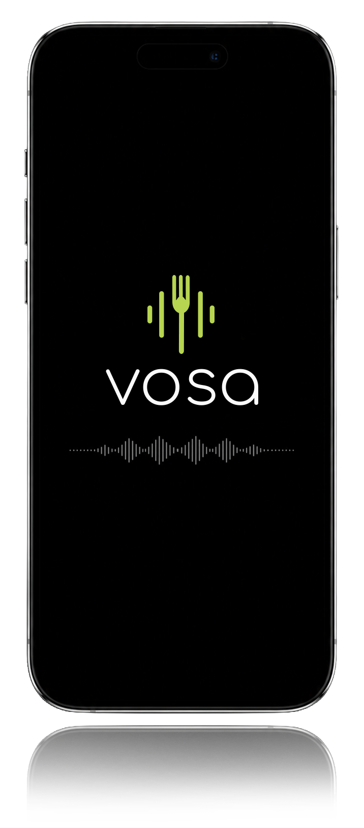 Smartphone screen displaying the VOSA app logo, which features a green fork and knife icon, with the app name 'VOSA' below, and a waveform sound icon underneath.