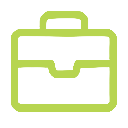 Minimalist icon of a briefcase in green outline.