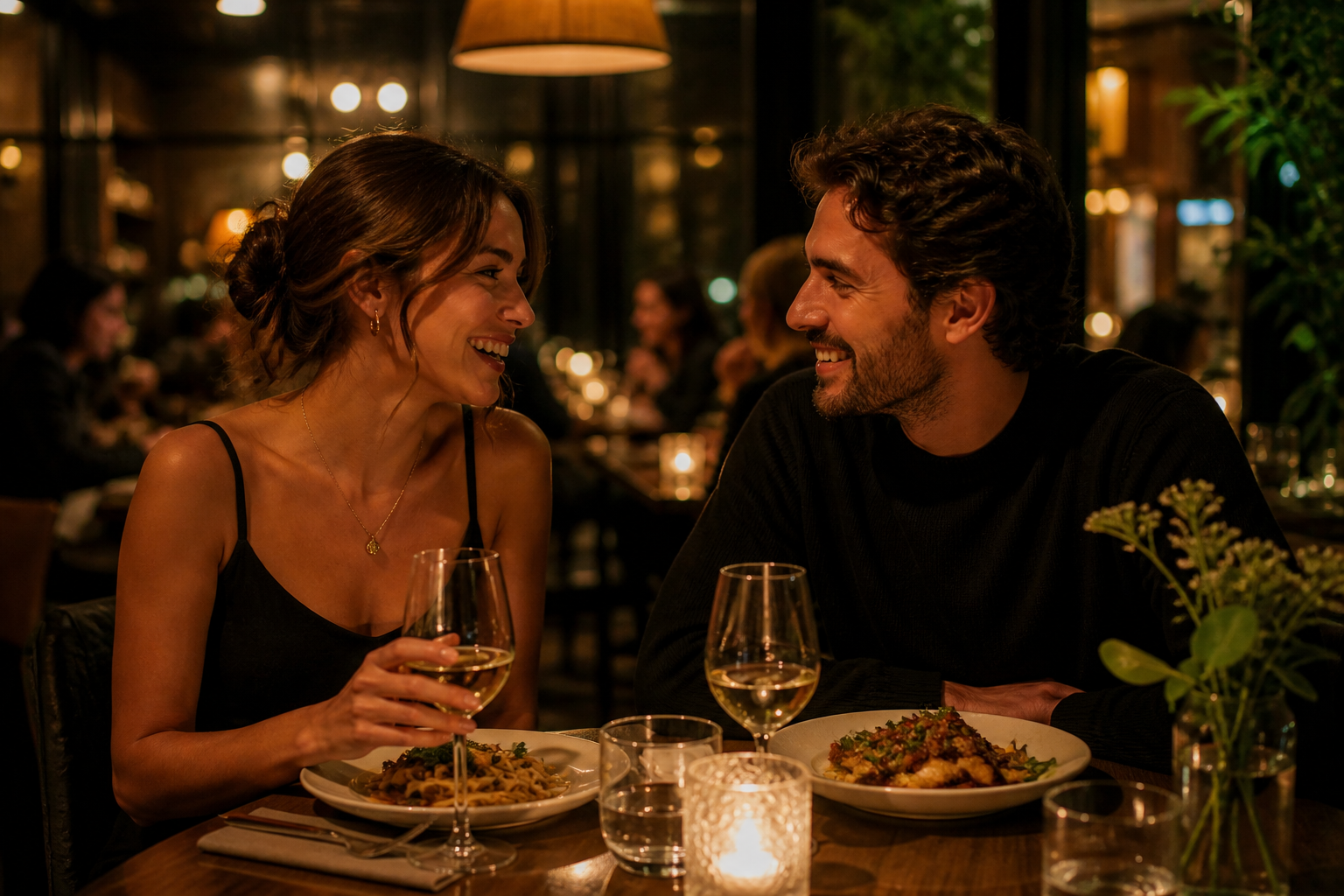 A man and a woman are sitting at a restaurant table, smiling and enjoying a conversation with drinks and pasta dishes in front of them, with a warm, dimly lit ambiance.