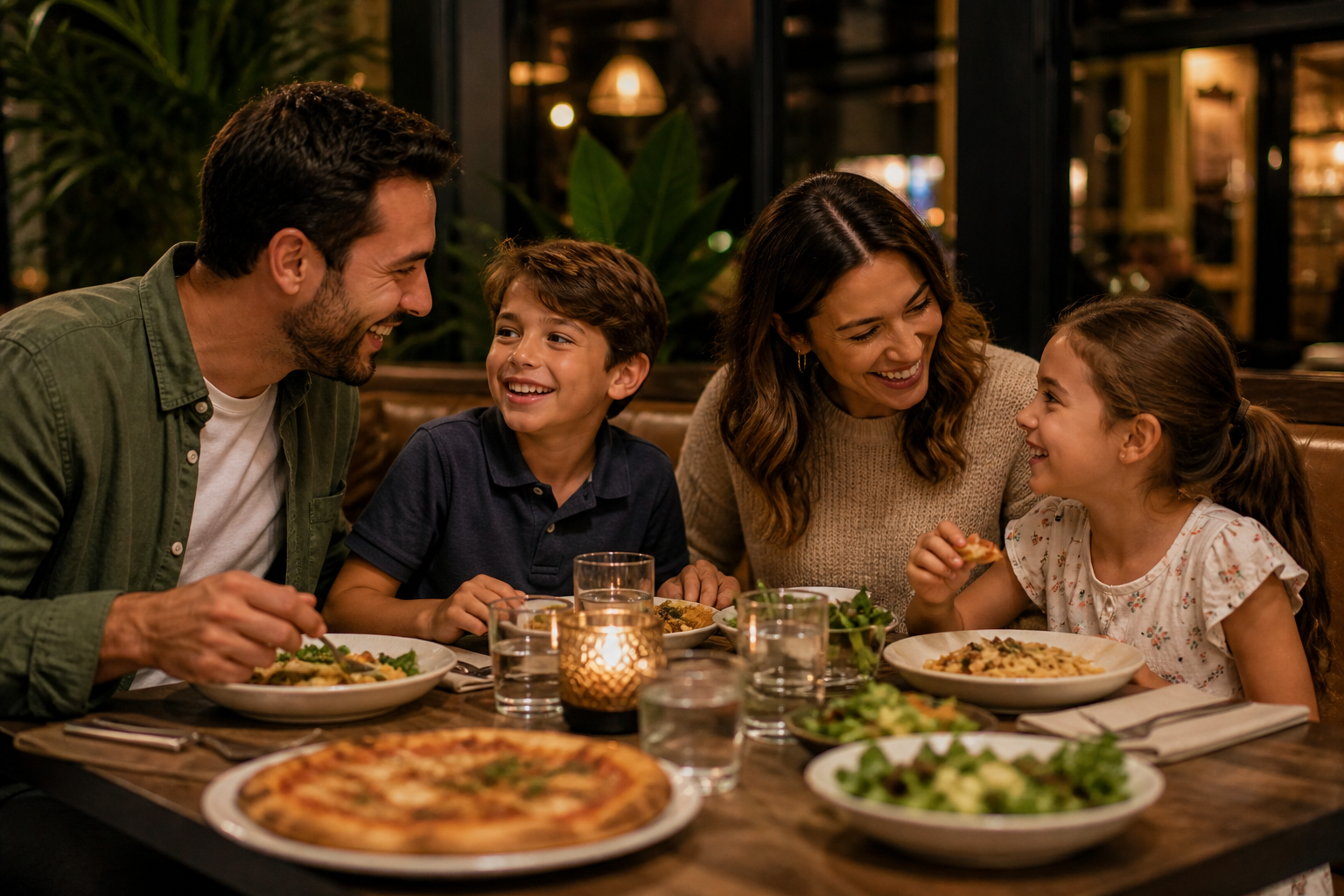 A family of four enjoying dinner at a restaurant, smiling and talking, with pizza and salads on the table, warm lighting, and a cozy atmosphere.