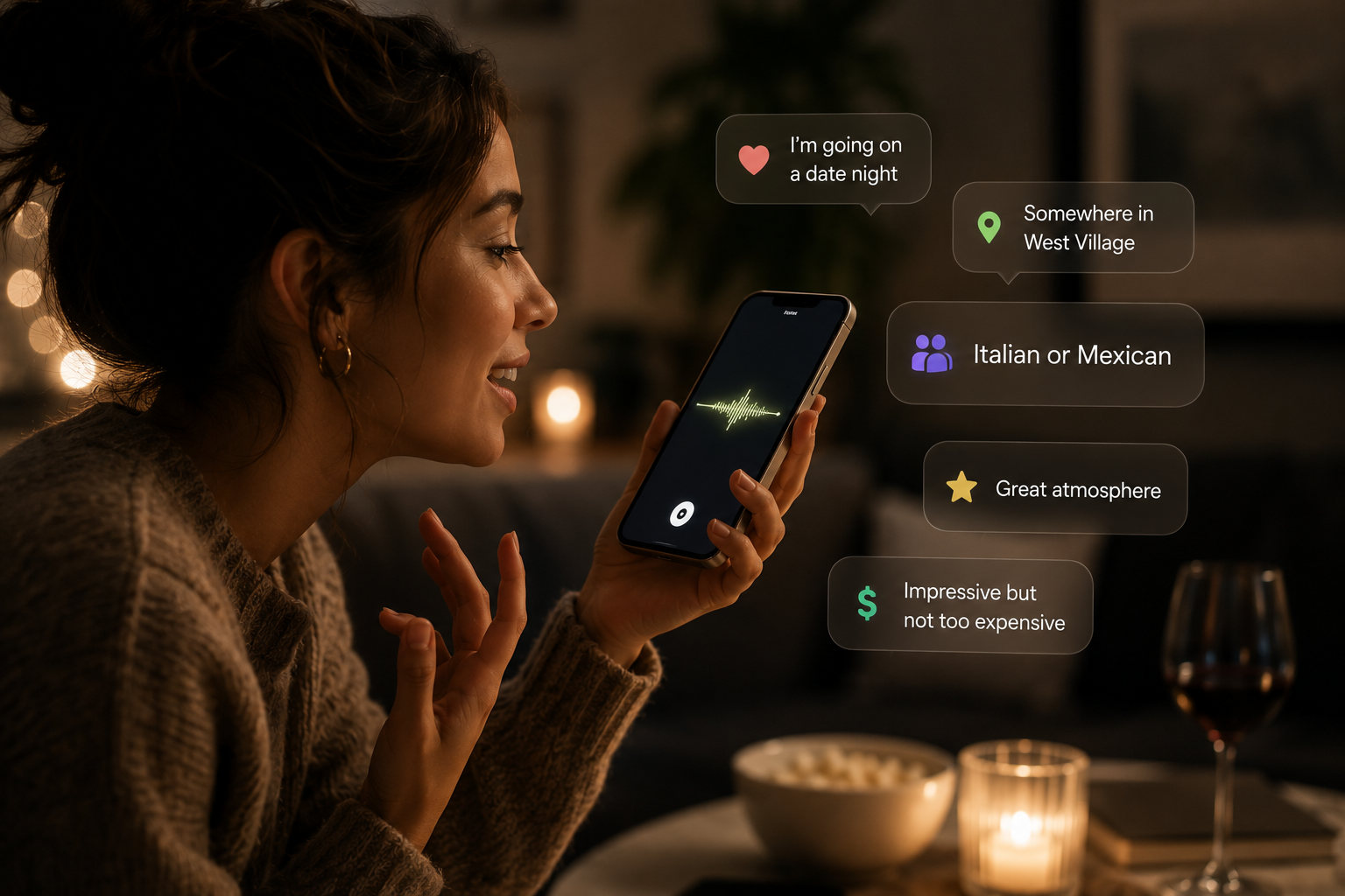 A woman talking to her phone with speech bubbles indicating she is planning a date night in West Village, expected to be Italian or Mexican, enjoying a great atmosphere, looking for an affordable option, and talking about her location.