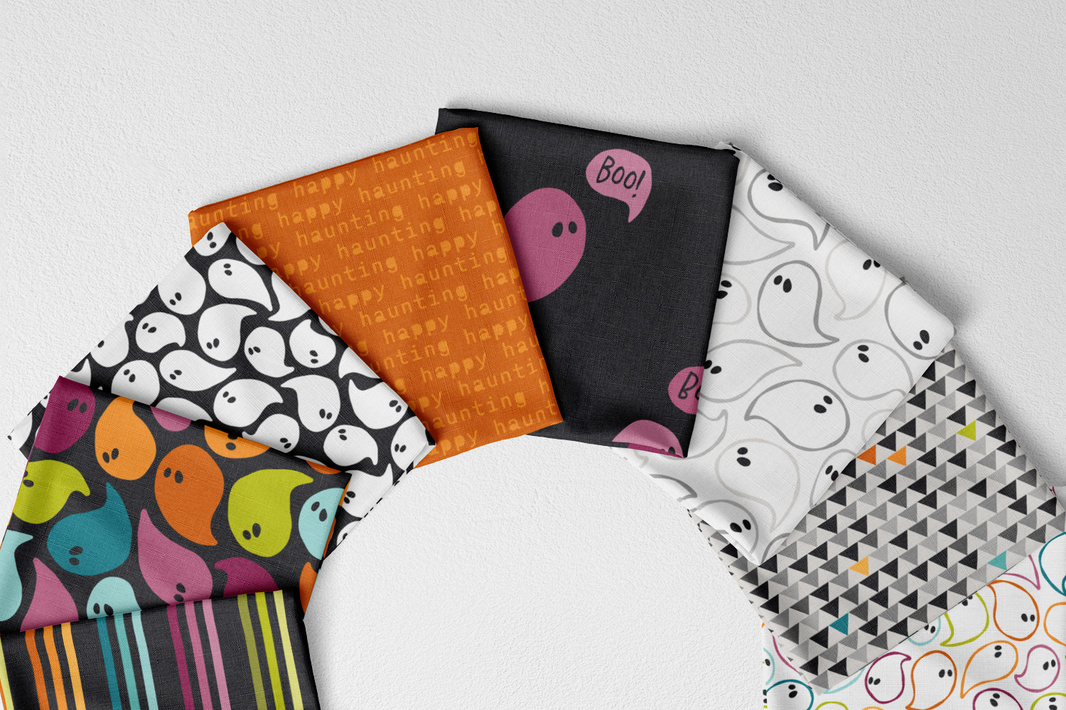 Happy Haunting Halloween fabric collection sampler by Sue Ivy Designs.
