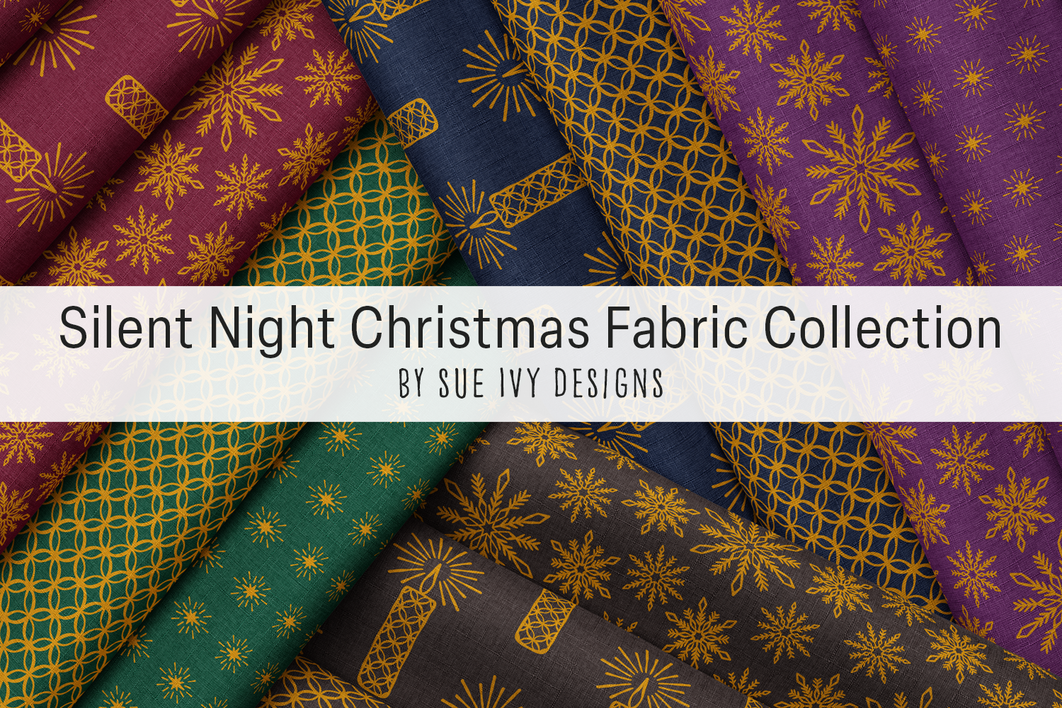 Thirteen bolts of the Silent Night collection, five dark grounds under fine gold linework — moody Christmas and winter fabric for the season.