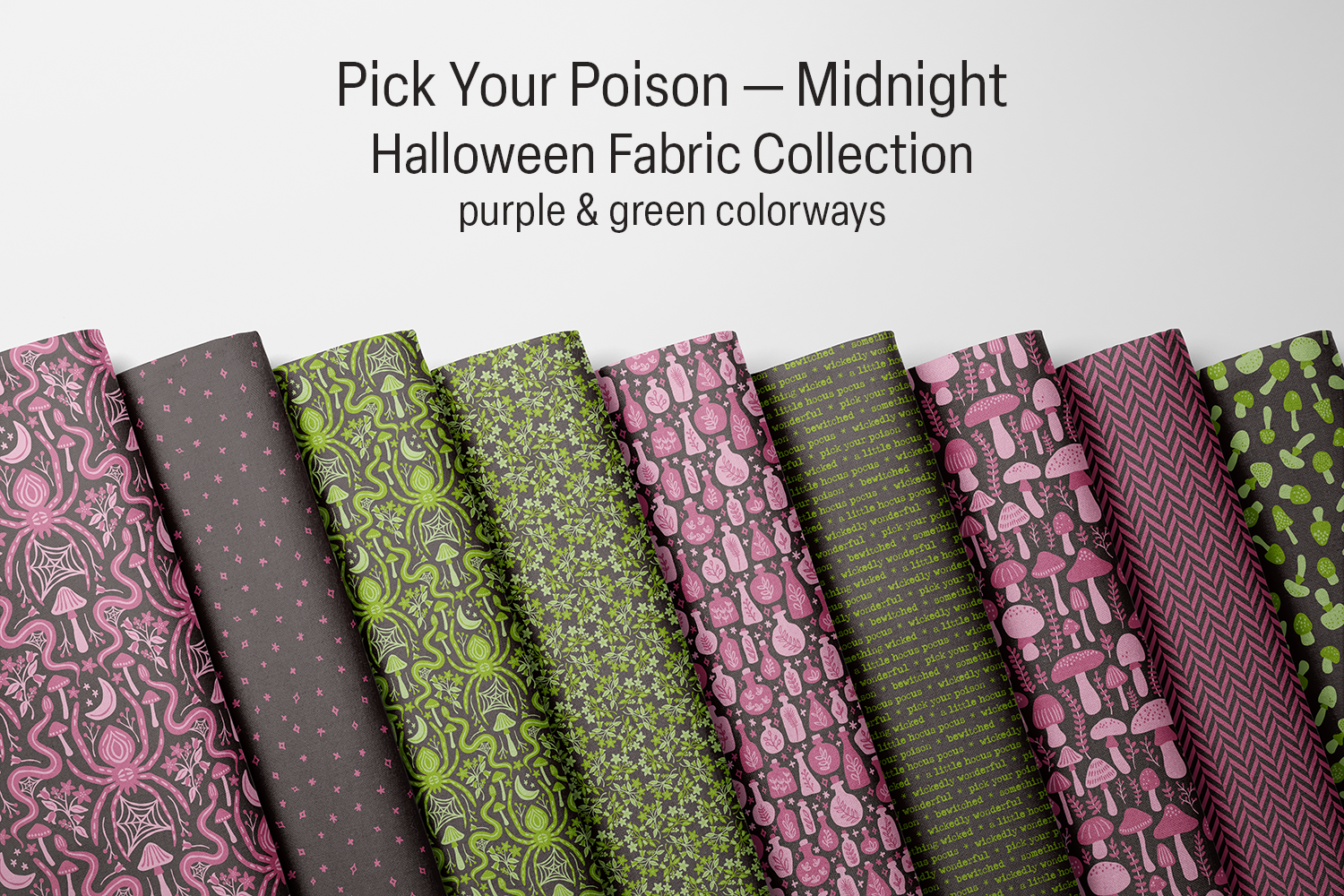Pick Your Poison — Midnight in its saturated color-on-black colorways, green and raspberry purple quilting fabric.