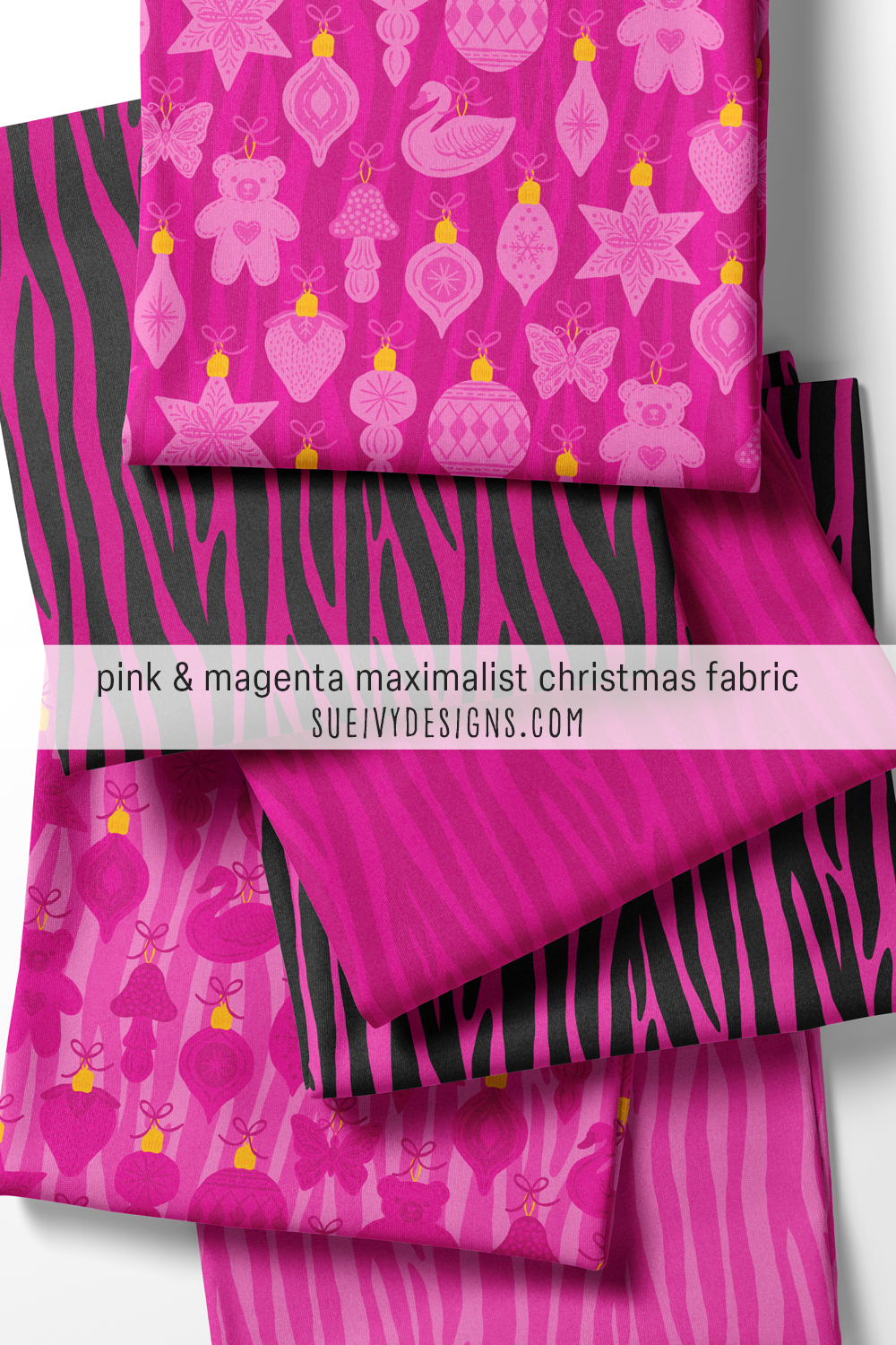 Pink and magenta colorway from Merry Maximalist Christmas — two ornament prints and four tiger stripes, fabric for quilting and apparel.