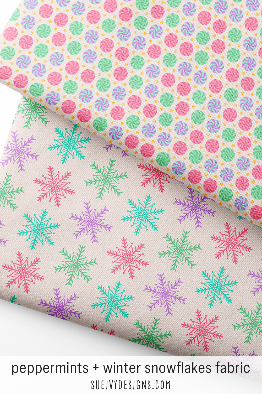 Pastel peppermint candies fabric stacked with multicolor airy snowflakes